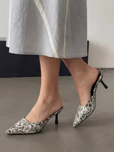 Women's Ink Floral Pointed Toe Stiletto Mule Slides New Chinese Style High Heel Backless Shoes for Office & Date