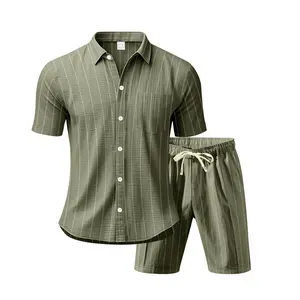 Men’s Striped Linen Two Piece Set, Casual Short Sleeve Button Down Shirt and Beach Shorts Set, Lightweight Breathable Summer Outfit, Loose Fit Drawstring Shorts, Comfortable Stylish Set for Vacation Travel Resort Daily Wear Lounge