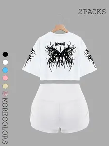 Women's Spring Summer Y2K Dark Aesthetic 2-Piece Set, Womenswear Butterfly Print Crop Top & High-Waisted Ruched Shorts, Streetwear Festival Look