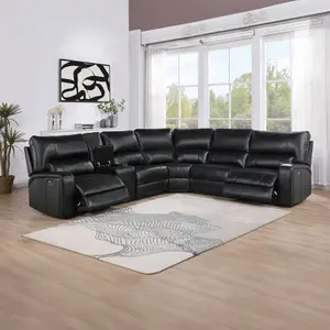 Acme LV54150 6 pc Saul Euro Black Leather-Aire Sectional Sofa with Power Recliners USB Ports - Modern Design & Comfortable Seating Set