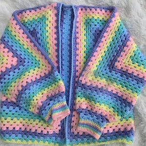 Hexagon Cardigan - Colorful Crocheted Design in Pastel Tones and Rainbow Stripes Pattern
