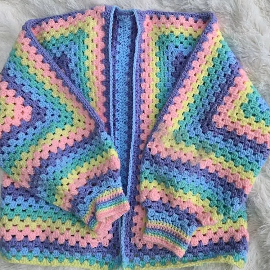 Hexagon Cardigan - Colorful Crocheted Design in Pastel Tones and Rainbow Stripes Pattern