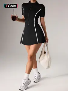 Women's Colorblock Zipper Sporty Dress Athletic Dress Summer Professional Tennis Skirt with Pockets Safety Pants One-Piece, Tennis Attire