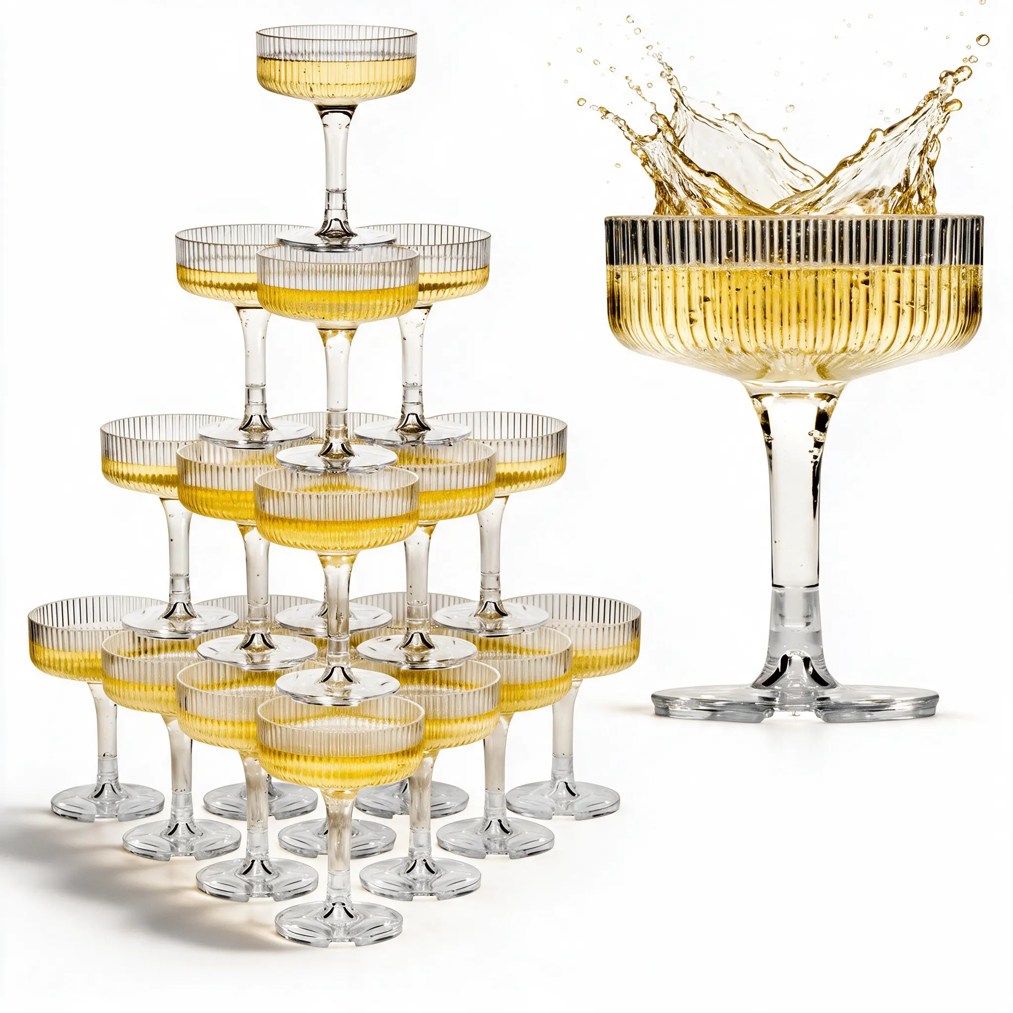 KSESTOR Sturdy Clear Plastic Champagne Tower Set - 21-Piece 7oz Classic Ribbed Reusable Acrylic Shatterproof Coupes, Drinkware for Wedding, Anniversary Celebrations