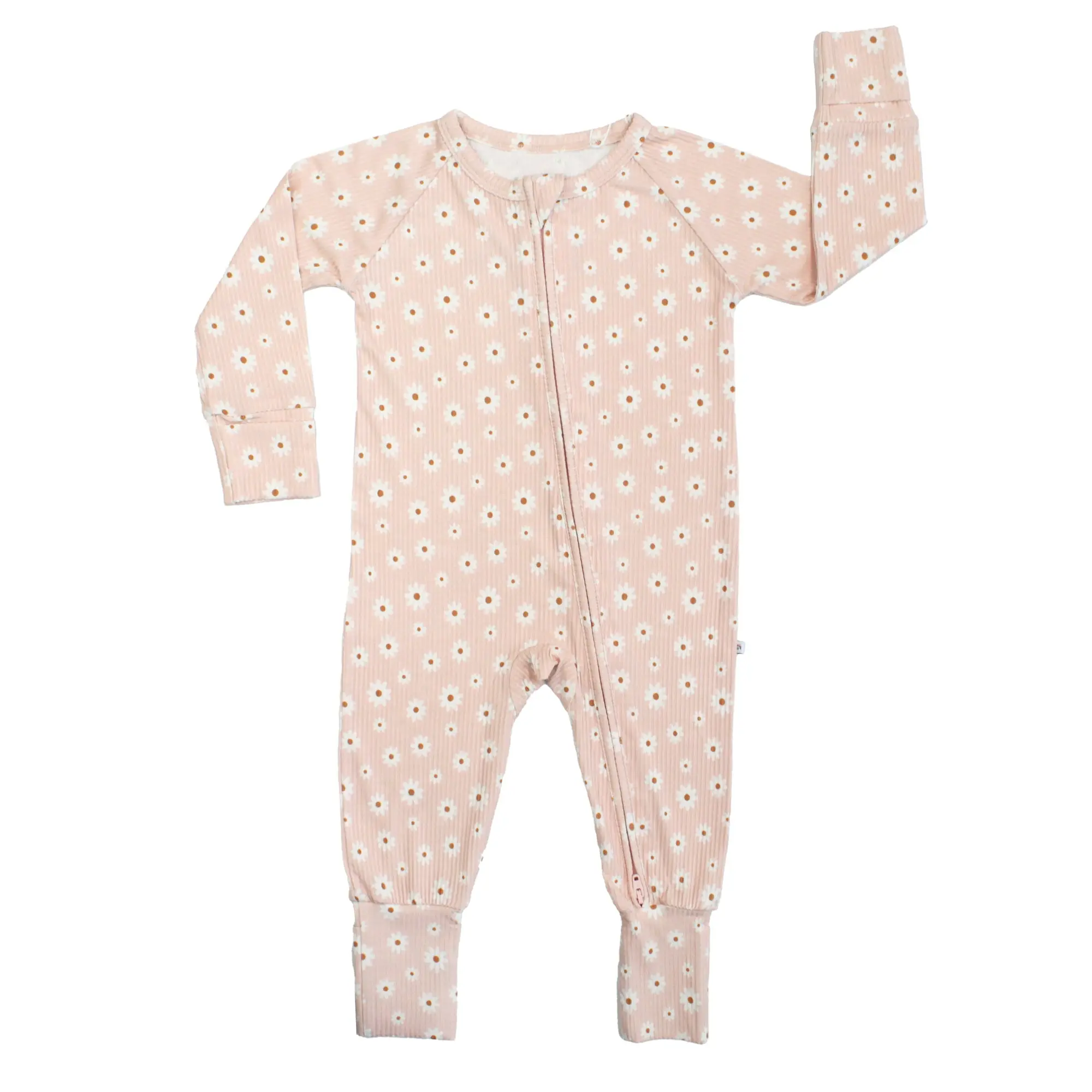 Pink Daisy Ribbed Bamboo Convertible Baby Pajama - Soft Bamboo Fabric, Two-way Zipper, Fold-over Sleeves, Footie Grips, Machine Washable