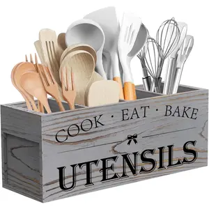 Extra Large Kitchen Utensils Holder with 4 Compartments, Wooden Utensil Organizer for Kitchen Countertop, Farmhouse Decor, Rustic Cooking Utensil - Grey grain