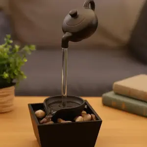 Floating Tea Pot Desktop Water Fountain with LED Light, Zen Stress Relief Decor, Home Office Desk Decoration, Relaxing Table Ornament