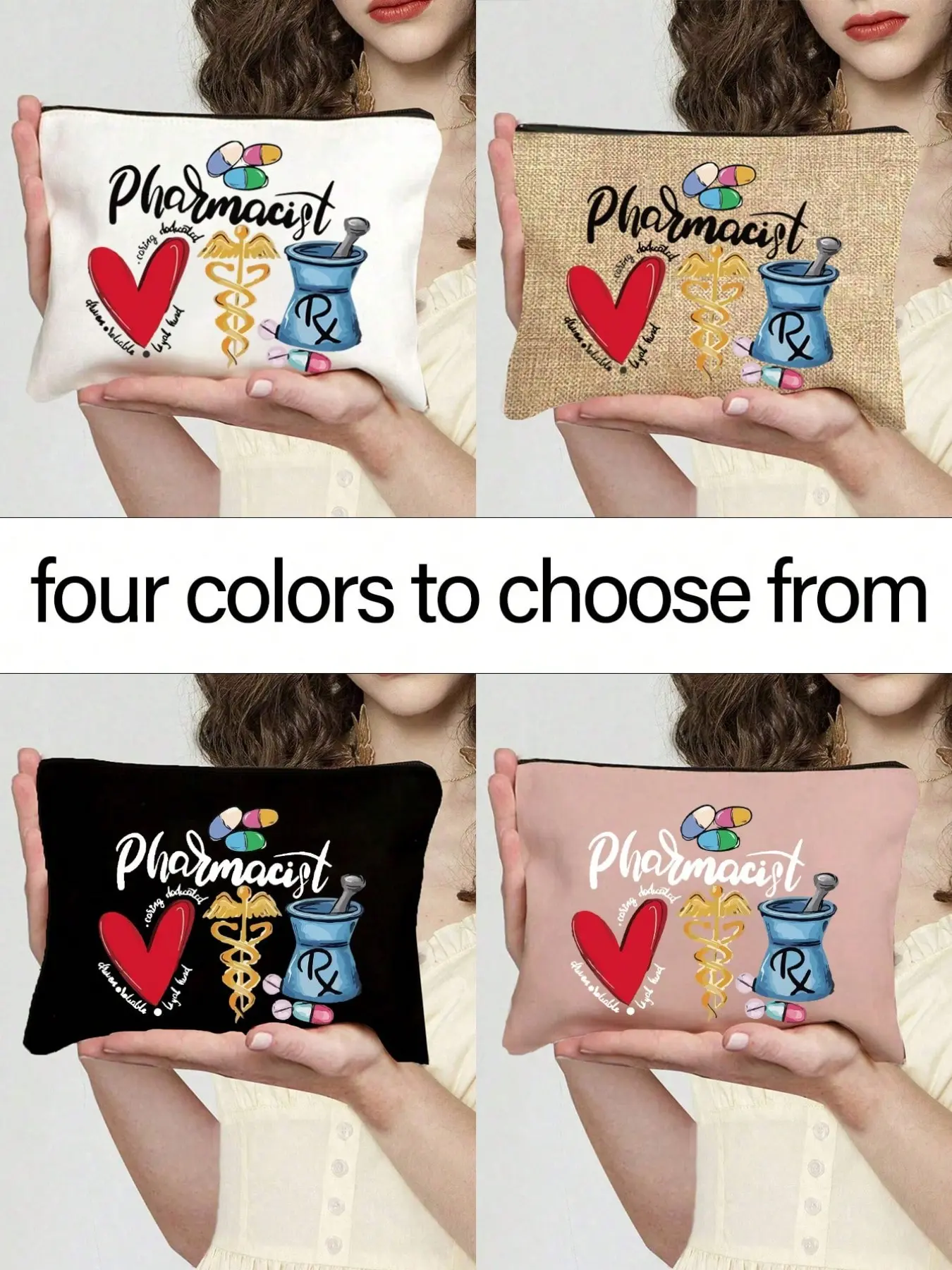 Creative Illustration Print Zipper Makeup Bag, Pharmacist Design with Love Pill Pattern, Ideal for Travel, School, Work, Gifts