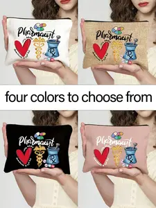 Creative Illustration Print Zipper Makeup Bag, Pharmacist Design with Love Pill Pattern, Ideal for Travel, School, Work, Gifts
