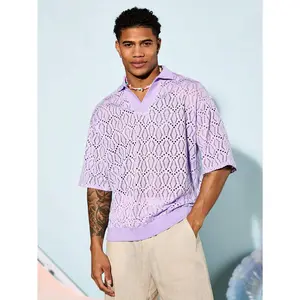 Men's Oversized Purple Hollow-Out Collar Plain Knitted Polo Shirt - Lightweight, Breathable, Ideal for Summer Beach Vacation