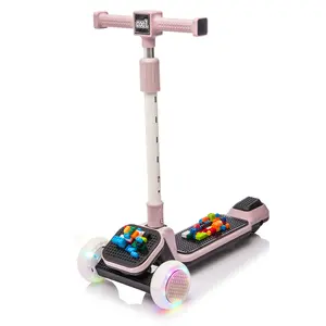 Kids Ride On 3-Wheel Scooter W/Buildable blocks, PU flashing wheels and Folding Kick Scooter,Thickened custom aluminum tube,5-position height-adjustable handlebar&one-touch footbrake for Kids Aged 3-9