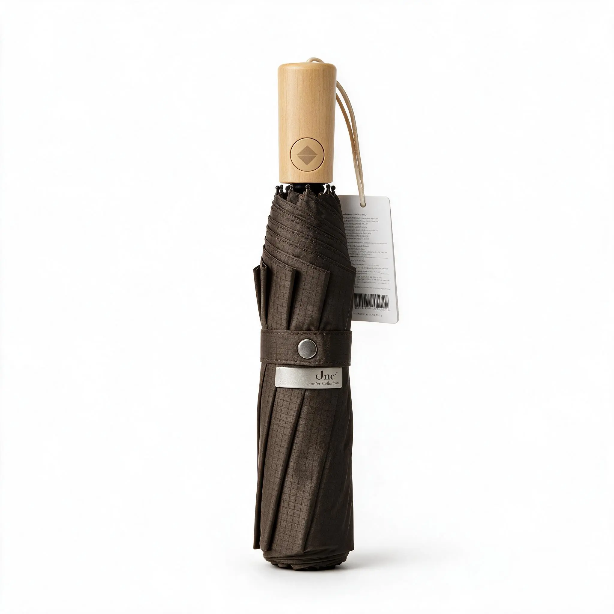 Jnc Janefer Collection Auto Travel Umbrella, UPF50+ UV Protection Waterproof Windproof 8-Rib Compact 3 Fold Umbrella, Anti-Rebound Safety Lock Solid Wood Handle 2-Person Umbrella, Espresso Brown