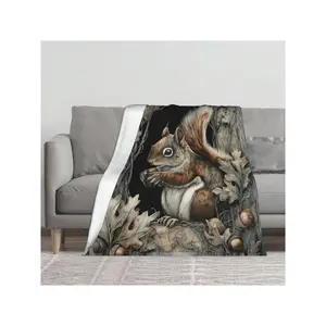 Plush Blanket with Charming Squirrel, Oak Leaves & Acorns in a Magical Forest - Inspired Design for Home Comfort