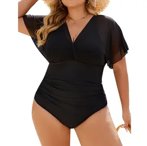 Blooming Jelly Plus Size Mesh V Neck Maternity Women's Tummy Control One Piece Swimsuit