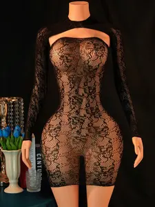 2-Piece Women's Sexy Lingerie Set, Split Sheer Fishnet Tight Stocking Bodysuit, Sensual Underwear Ensemble, Fashionable Nightwear Collection