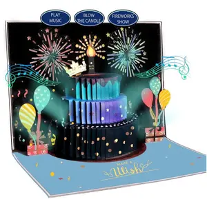 3D Pop Up Happy Birthday Cards for Men – LED Fireworks & Music with Blow The Candle, Gold Crown, 3D Balloons, Blue Design - Happy Birthday Card for Him - Dad, Husband, Boys & Son (8.27" x 5.27")