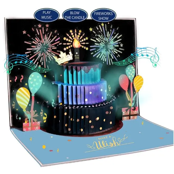 3D Pop Up Happy Birthday Cards for Men – LED Fireworks & Music with Blow The Candle, Gold Crown, 3D Balloons, Blue Design - Happy Birthday Card for Him - Dad, Husband, Boys & Son (8.27" x 5.27")