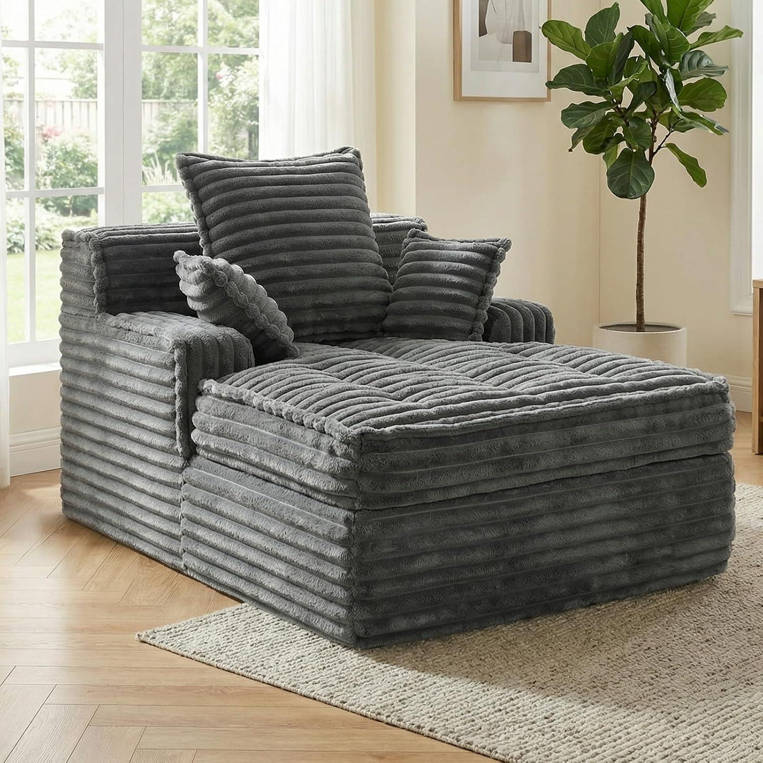 Winzoo Boneless Chaise Lounge Chair Indoor, Corduroy Small Boneless Sleeper Sofa with 3 Pillows & Wide Armrest, Fluffy Comfy Chase Lounge Indoor, Compression Boneless Couch for Living Room