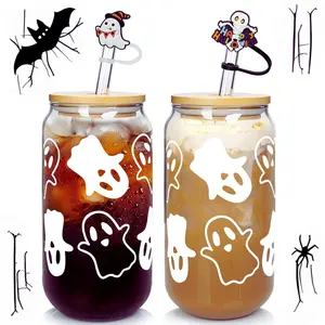 2-Pack 18oz Halloween Ghost Glass Cups with Bamboo Lids, Glass Straws & Cute Straw Toppers Bottles Drinkware Stylish Reusable Tumbler