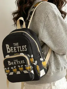 1 piece of lady's backpack with 2D printed bee pattern + 'THEBEETLES' slogan, velvet texture + layered storage + lightweight and easy to carry | perfect for students to go to class/shopping/short trips | combines atmosphere with practicality