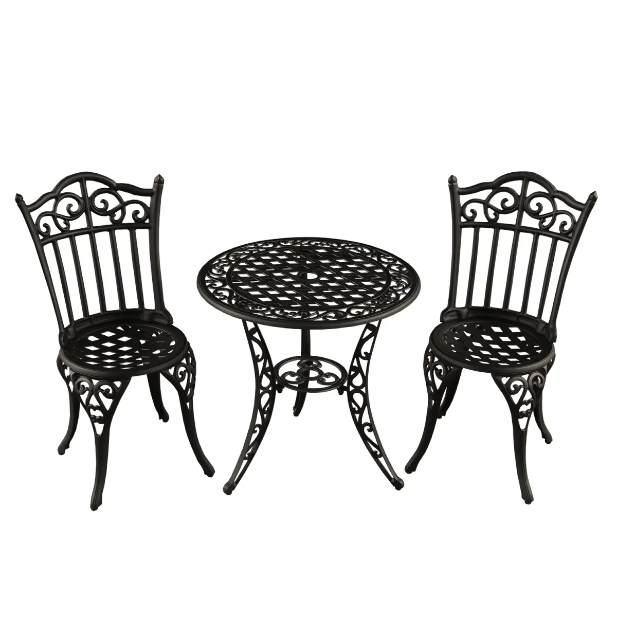 Oakland Living 1766-ORNATE-BISTRO-SB 3-Piece Ornate Traditional Sand Black Patio Furniture Set, Rust-Resistant Powder-Coated Aluminium Frame, Sturdy Adjustable Bistro Chair, Quality Bolts & Screws, Durable Weatherproof Outdoor Seating, Assembly Required