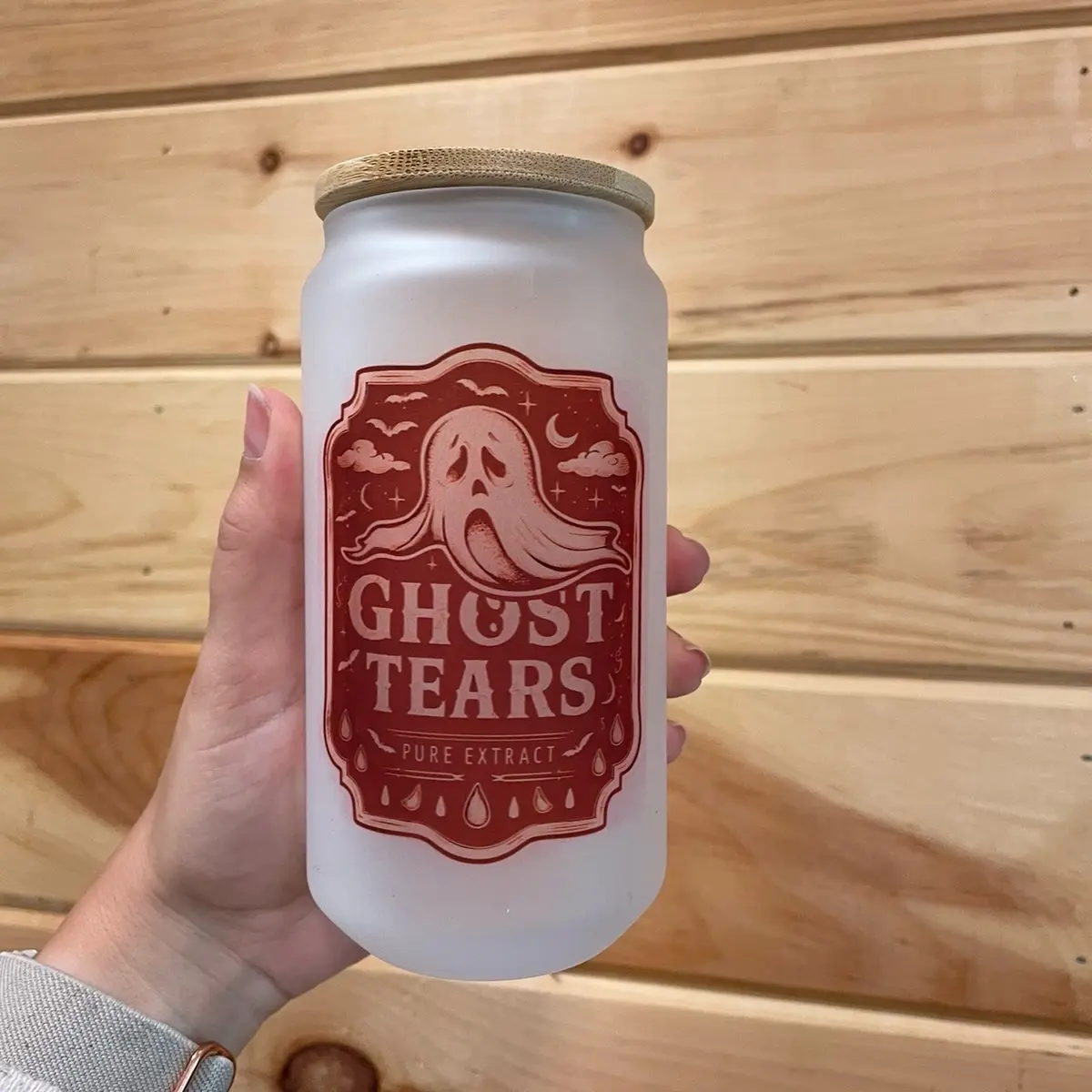 Ghost Tears Halloween Iced Coffee Glass with Bamboo Lid and Glass Straw - Frosted Glass, Halloween Design - Drinkware