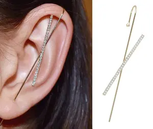 Gold Plated Criss Cross Cubic Zirconia Micro Pave Ear Cuff Bar Earring