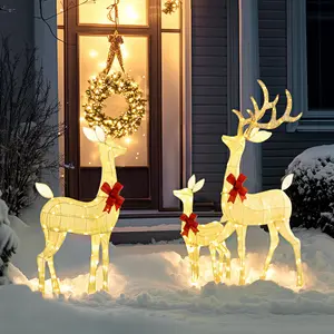 Outsunny Christmas Reindeer and Sleigh with LED Motif Warm White Lighting, Indoor Outdoor Steel Frame Yard Decoration