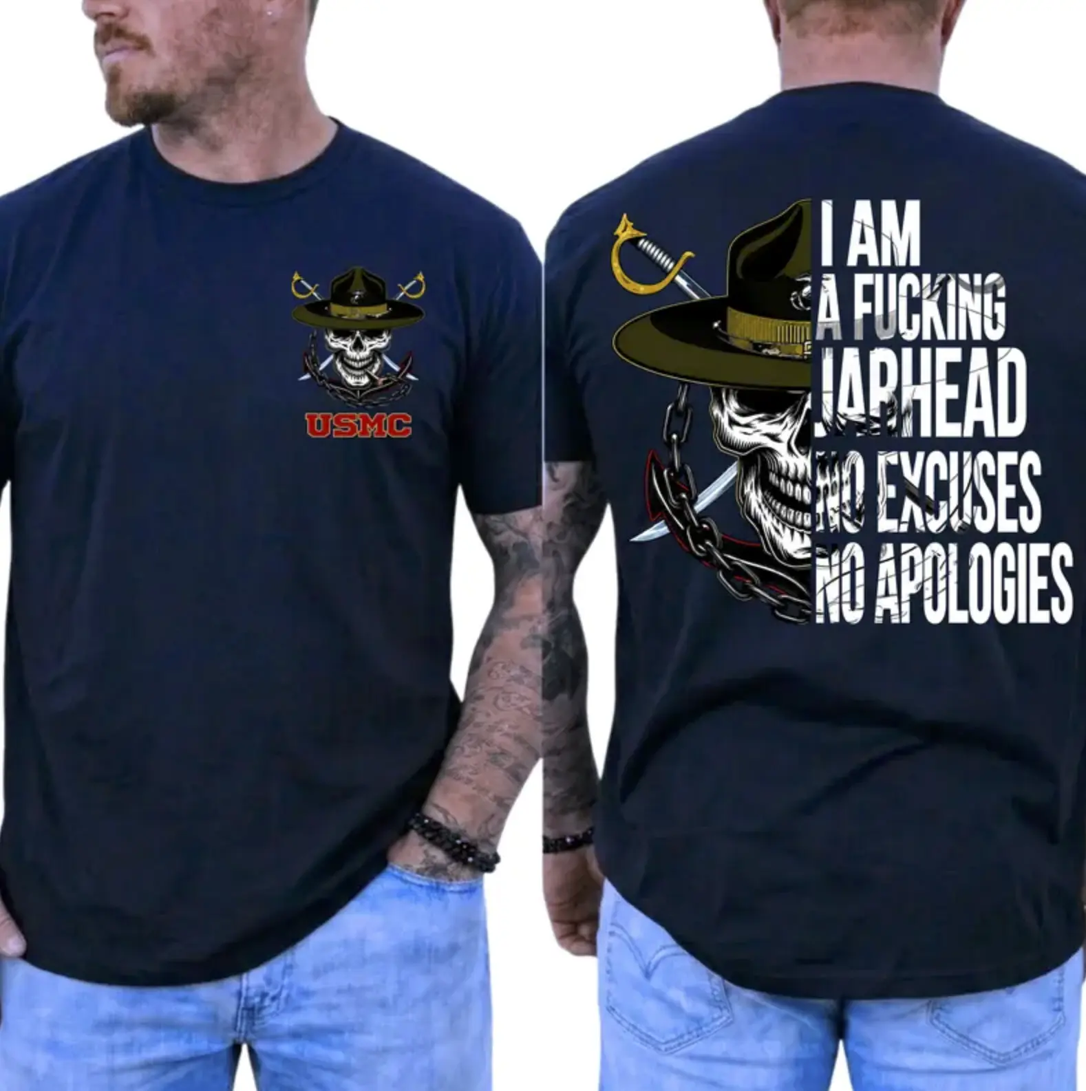 USMC Jarhead Skull T-Shirt – No Excuses No Apologies Vintage Marine Graphic Tee