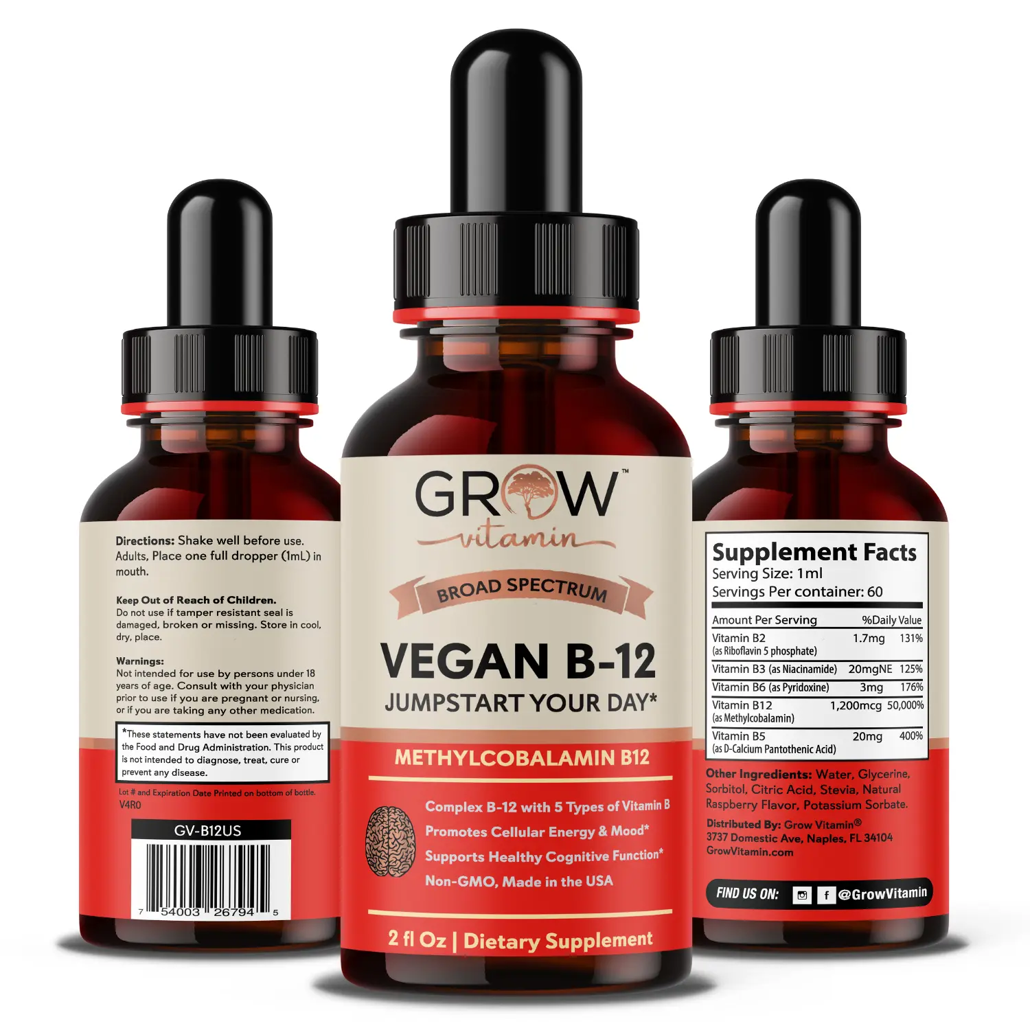 Grow Vitamin Vegan Bioactive Methyl Sublingual Liquid B12 Drops, Natural Cherry Flavor, GMP Certified, Made in the USA, Dairy Free Dietary Supplement for Metabolism, Energy Booster, Bone Health, Adrenal Glands & Cellular Reproduction