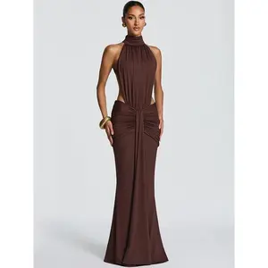 Mozision Turtleneck Backless Sexy Maxi Dress Women Gown Elegant Off-shoulder Sleeveless Ruched Bodycon Club Party Long Dress