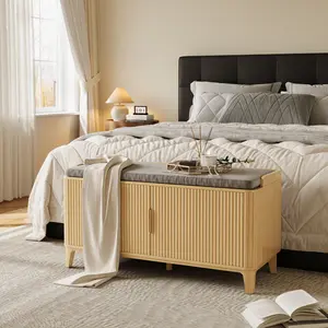 39.4" Fluted Shoe Cabinet Storage with Bench, 2-Tier Entryway Bench with Adjustable Shelves and Detachable Cushioned Seat, Shoe Organizer Bench Cabinet for Entryway, Living Room, Hallway - Natural