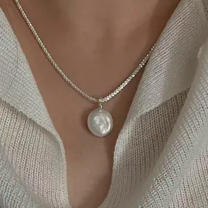 S925 Sterling Silver Circle Chain Necklace – Baroque Pearl Pendant