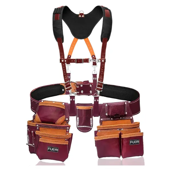 FUERI 19 Pocket Leather Tool Belt with Suspenders,Comes with Padded Belt, Big Pouches, Hammer Holder,Suspender loops and Leather Suspender, Ideal for Construction Workers, Carpenters and Electrician.