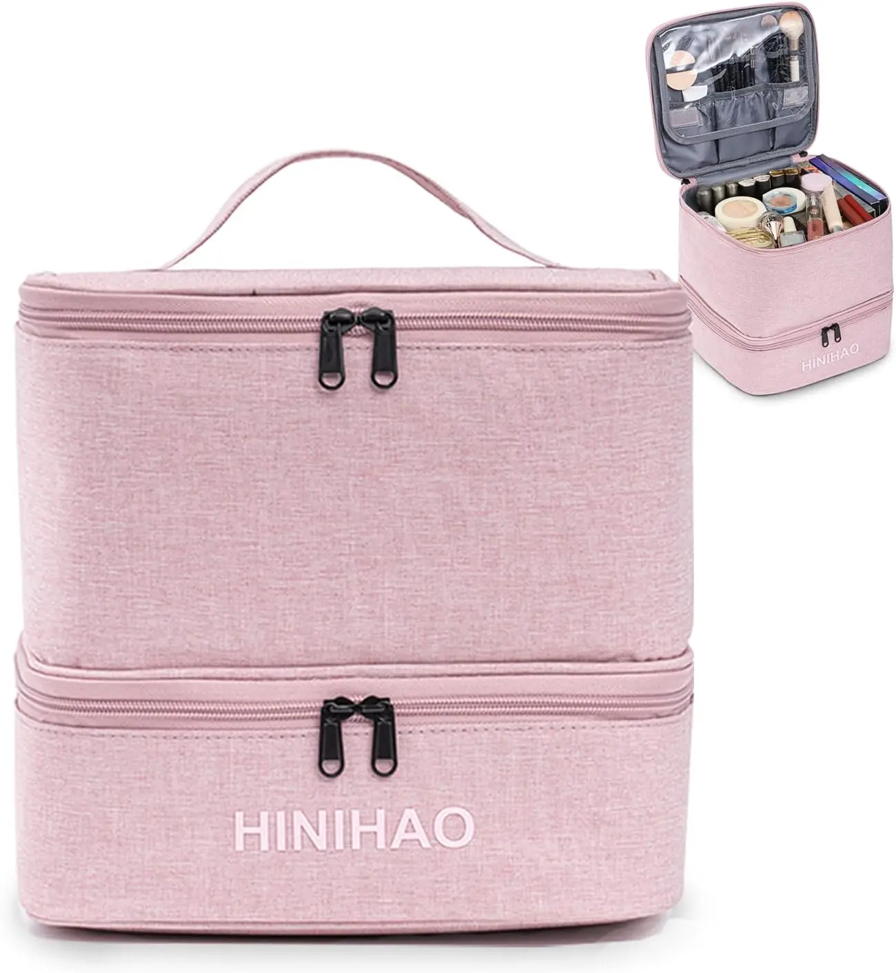 Pink Double Layer Travel Makeup Bag,Extra Large Cosmetic Bag, Large Cosmetic Case Toiletry Bag 30 Sponge Compartments Inside Hold Nail Polish Make up Organizer for Women(9.1"x8.6"x9.8" pink)