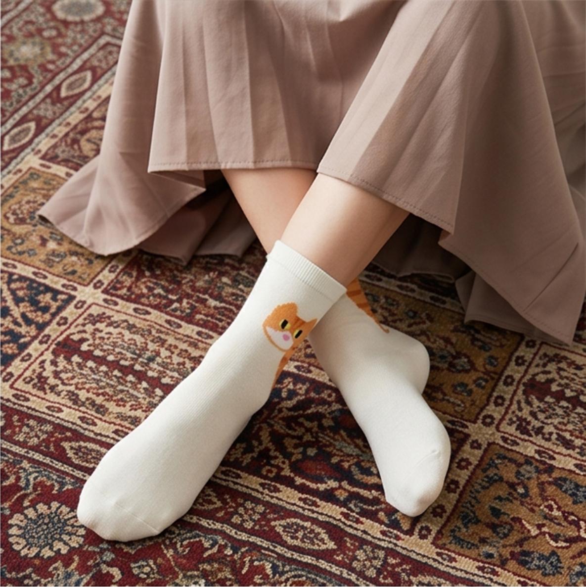 Orange Cat Egg Socks Unisex Mid-Calf Pure Cotton Funny Cartoon 3D Pom Pom Ins Trendy Cute Versatile Outdoor Cotton Socks 2 Pairs