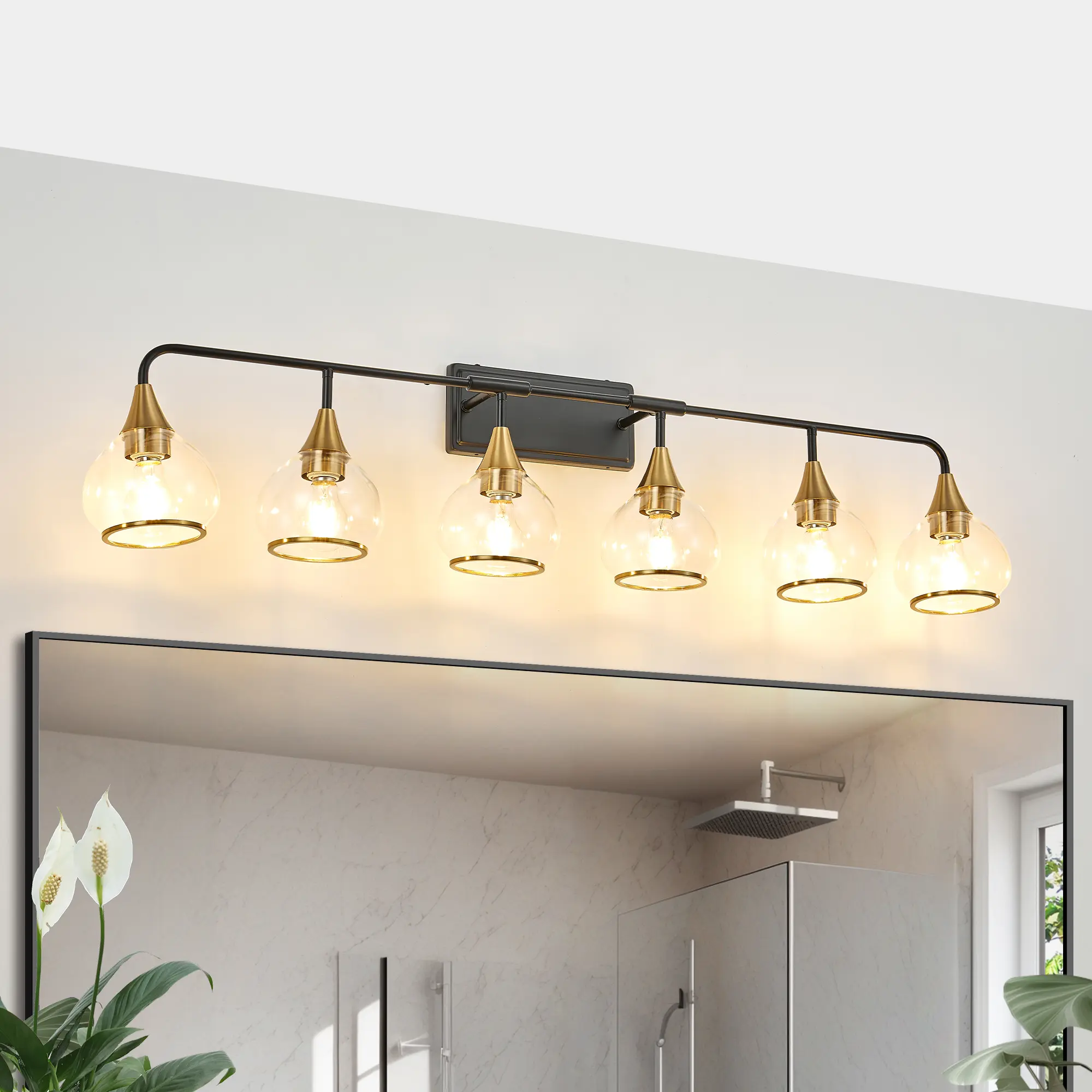 48-Inch 6-Light Vanity Wall Sconce with Clear Glass Shades, Black and Gold Industrial Bathroom Light Fixture, E26 Base, Wall Mounted for Mirror and Living Spaces