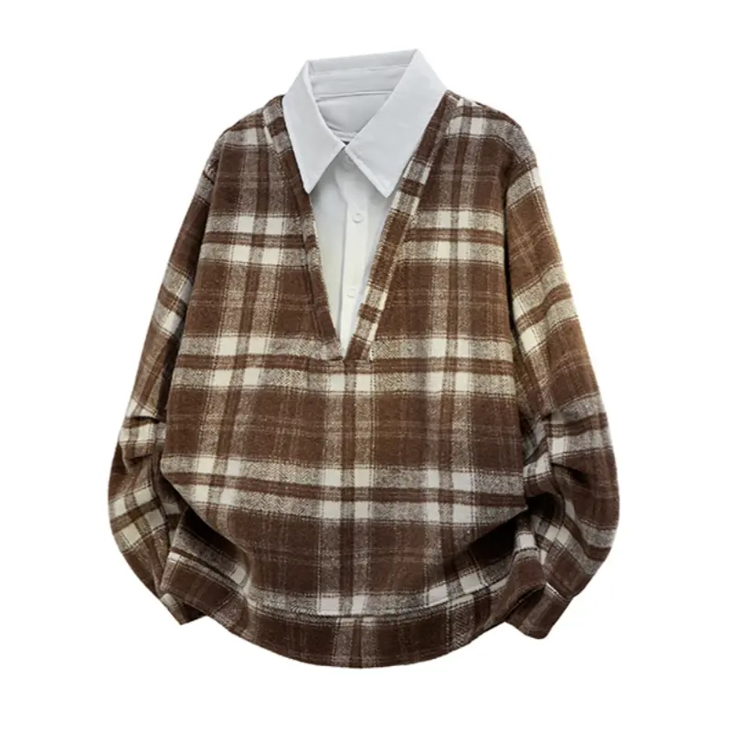 Men's Fake Two Piece Long Sleeve Top Plaid Outer Layer Spliced Shirt Collar V Neck Design Ribbed Hem Pullover Suitable For Street Style Daily Dating Outdoor Leisure Spring Autumn Multiple Occasions