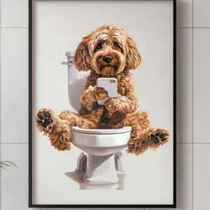 Labradoodle Wall Art, Dog on Toilet with Smartphone Poster, Funny Bathroom Prints for Dog Lovers, Pet Humor Decor, Unframed