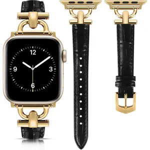 *WBA026-XLL Leather Band Compatible with Apple Watch Bands for Women, Dressy Fancy Strap for iWatch Series 10/9/8/7/6/5/4/3/2/1/se(38mm 40mm 41mm 42mm,Black/Gold)