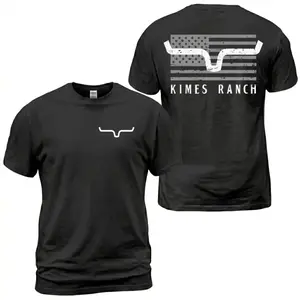 Kimes Ranch American Flag Bull Horn T-Shirt, Distressed USA Back Print Tee, Western Patriotic Ranch Graphic Shirt, Country Cowboy Style, Casual Cotton for Men and Women