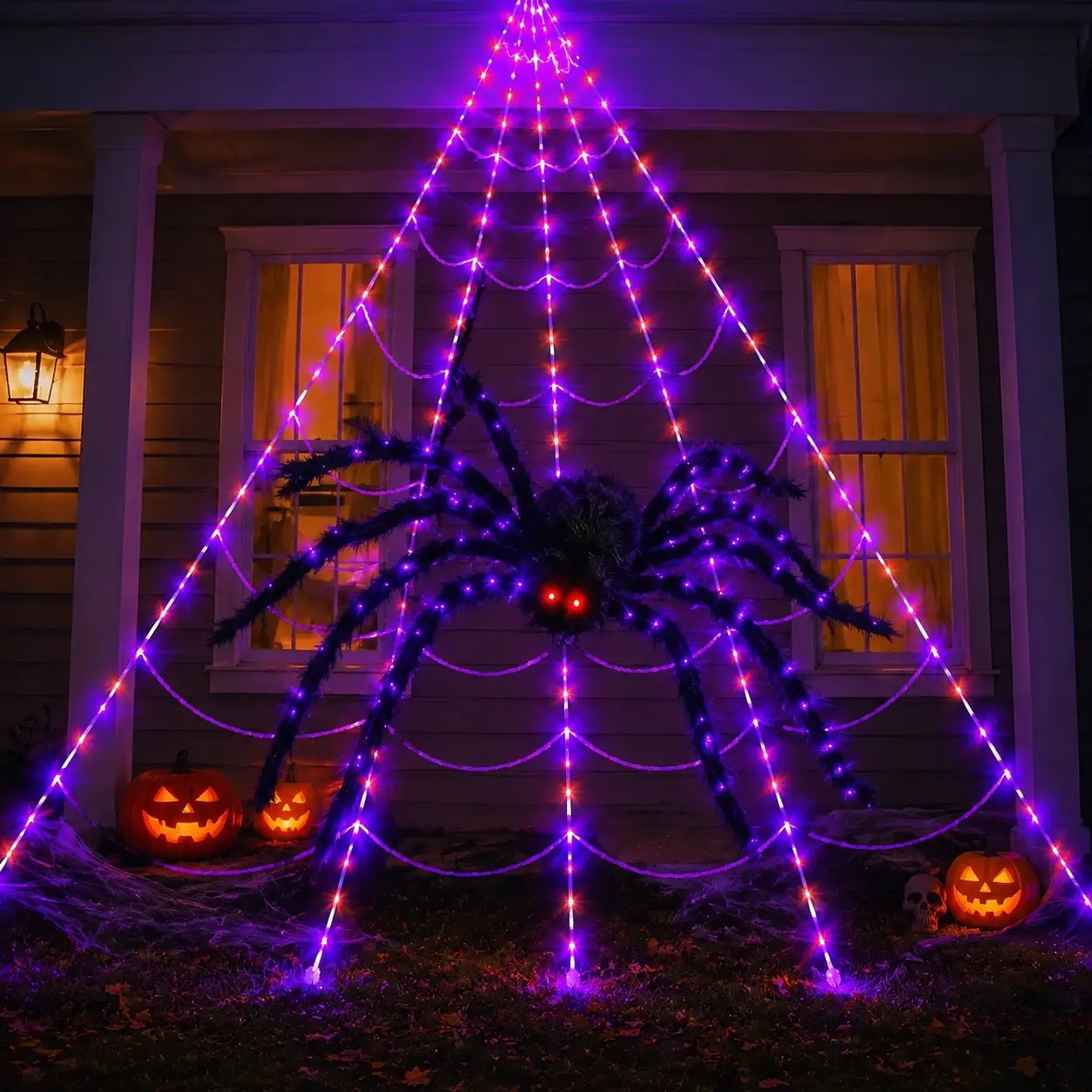 5M 250 LED Remote Controlled Multi-Mode Spider Web Lights, 125cm Giant Spider, Halloween Decorations, Gothic Bedroom & Party Indoor Lighting Ornaments