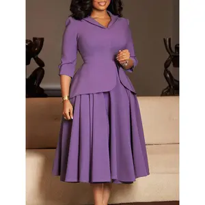 D3351 Women's Elegant Peplum Midi Dress 3/4 Sleeve Lapel V Neck A-Line Swing Dress for Church Wedding Party Office in Purple