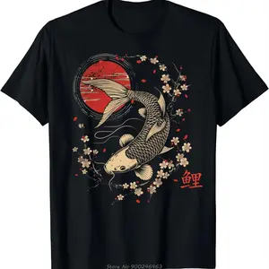 Men's Cherry Blossom Koi Carp Fish Japanese Print T-Shirt Short Sleeve Gift Tee  Short Sleeve Tee