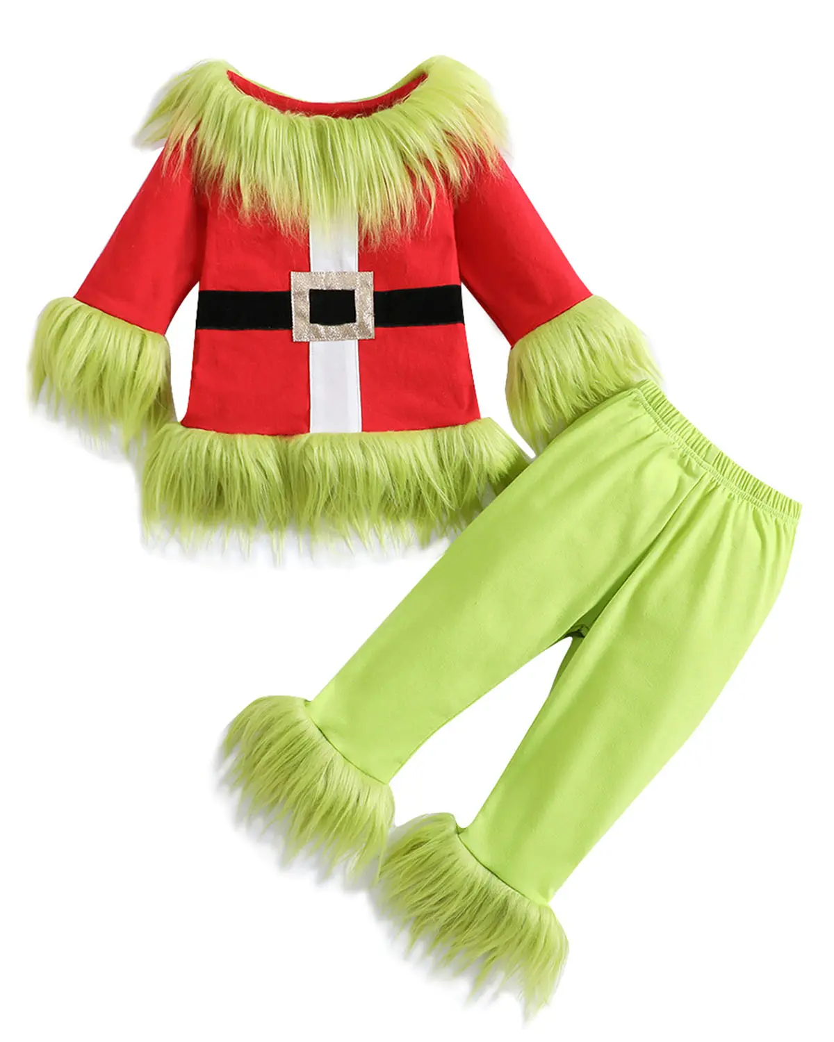 Shingpp Toddler Kids Christmas Monster Cosplay Costume Green Plush Furry Trim Santa Long Sleeve Top And Pants Xmas Outfit Set 0-10Y