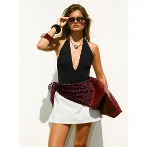 Kendrae Plunge Halter Bodysuit Black