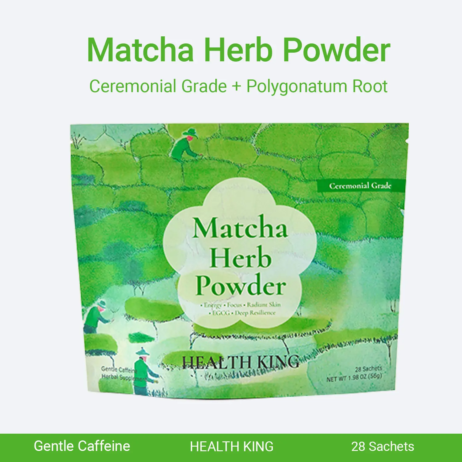 Health King Matcha Powder | Ceremonial Grade Matcha Tea | Smooth Energy & Focus | No Sugar | 28 Single Serve Sticks