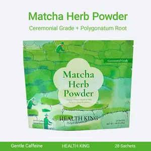 Health King Matcha Herb Powder, EGCG Rich, Adaptogen Blend, First Harvest Ceremonial Grade, High in Antioxidants, Supports Detox ，Metabolism, L-Theanine for Calm Energy, On-the-Go Pack, 28 Single Serve Sticks