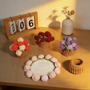 Handmade Crochet Floral Round Coaster - Knitted Yarn Heatproof Cup Mat, Stylish Reusable Easily Transformable Home Supply, Cute Room Aesthetic Organizer, Mother’s Day Gift for Mom