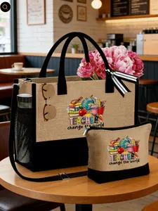 Teacher Theme Hemp Tote Bag Set, Durable Large Capacity Shoulder Crossbody Bag, Side Water Bottle Pocket, Personalized Gift Bag